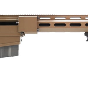 A modern, tactical-style rifle in a tan finish, featuring a bipod and a detachable magazine, displayed against a white background.