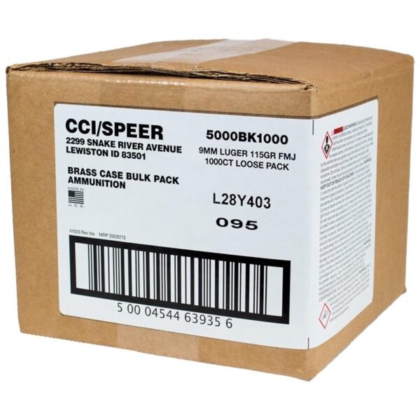 Brown cardboard box of cci/speer 9mm luger 115gr fmj ammunition, labeled with barcode and address details, packaged in lewiston, idaho.