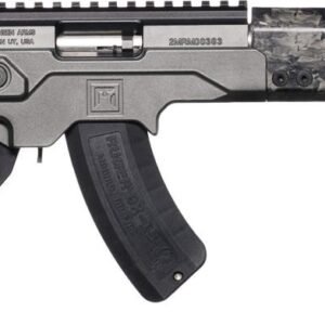 A side view of a modern firearm, featuring a sleek design with a textured grip and a distinctive patterned finish on the stock and handguard.