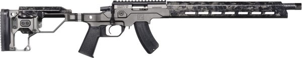A side view of a modern firearm, featuring a sleek design with a textured grip and a distinctive patterned finish on the stock and handguard.