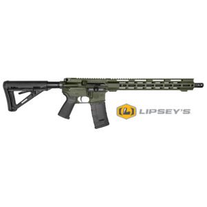 A green tactical firearm with a long rail system and adjustable stock, featuring a magazine and the lipsey's logo.