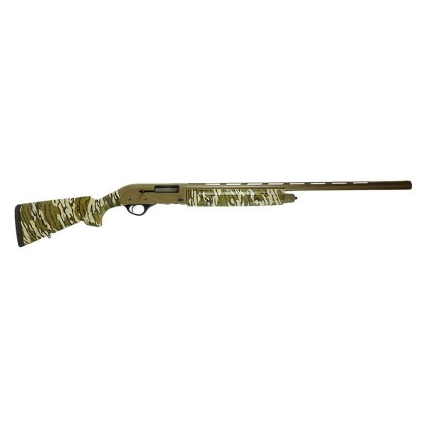 A camouflaged shotgun with a long barrel, featuring a patterned stock and forend, laid against a white background.