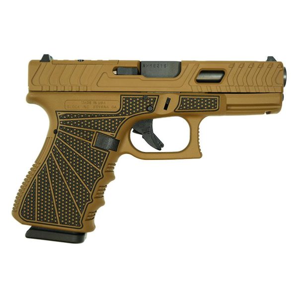 A side view of a tan-colored semi-automatic pistol with textured grip, showcasing its slide and trigger.