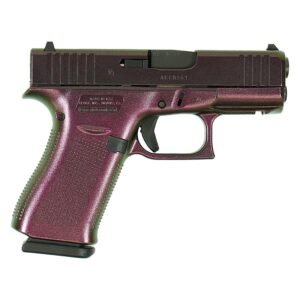 A close-up image of a handgun with a purple finish and textured grip.