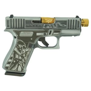 A close-up image of a decorative handgun featuring an engraving of a historical figure and the phrase "join, or die. " the gun has a sleek silver finish with gold accents.