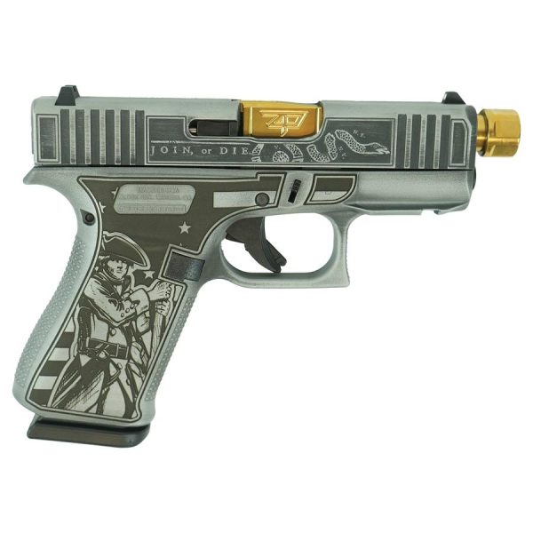 A close-up image of a decorative handgun featuring an engraving of a historical figure and the phrase "join, or die. " the gun has a sleek silver finish with gold accents.