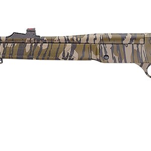 A camouflaged rifle with a long barrel and distinctive pattern, shown from the side.