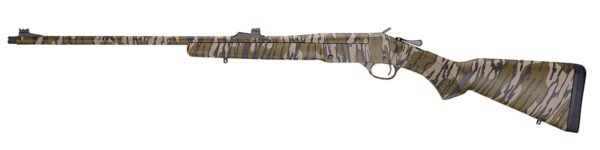 A camouflaged rifle with a long barrel and distinctive pattern, shown from the side.