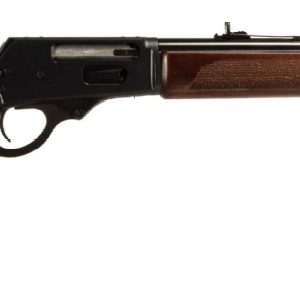 A side profile view of a lever-action rifle with a wooden stock and barrel.
