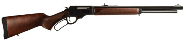 A side profile view of a lever-action rifle with a wooden stock and barrel.