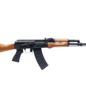 A side view of an assault rifle with a black metal body and wooden stock, resting on a white background.