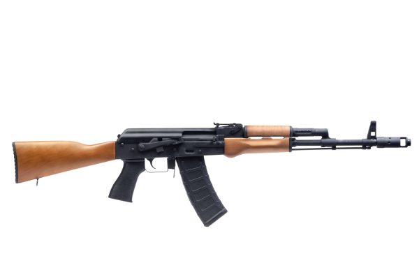 A side view of an assault rifle with a black metal body and wooden stock, resting on a white background.