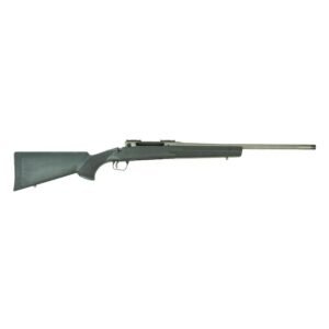 A side view of a bolt-action rifle with a synthetic stock and a stainless steel barrel.