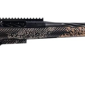 A sleek, modern firearm with a black and camo pattern stock, featuring a long barrel and adjustable components, displayed against a neutral background.