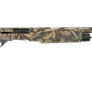 A camouflaged shotgun with a long barrel and a textured stock, positioned on a white background.