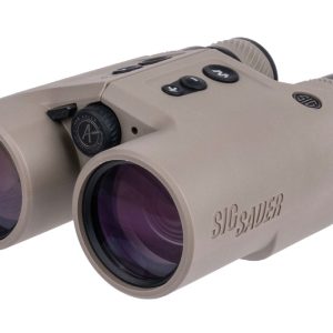 A pair of SIG Sauer binoculars with a tan exterior and purple-tinted lenses, featuring various buttons and a textured grip for enhanced functionality.