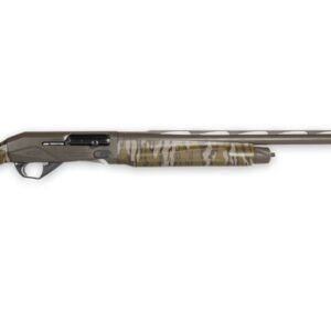 A camouflaged shotgun laying on a white background.