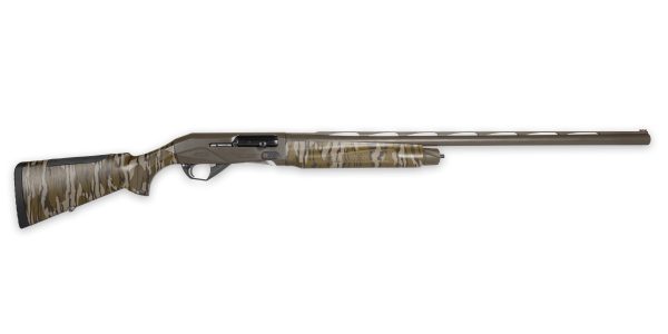 A camouflaged shotgun with a sleek design, featuring a long barrel and textured grip, on a white background.
