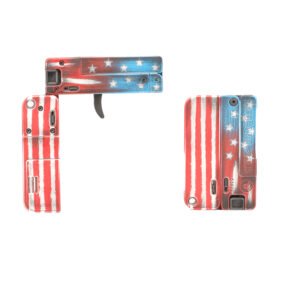 A firearm with a design featuring red and blue stripes resembling the American flag, shown from various angles.