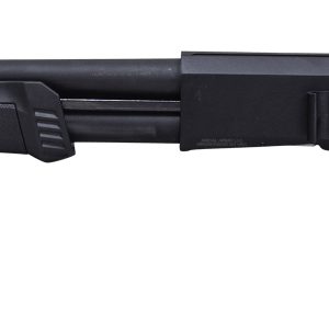 A side view of a black shotgun with a textured grip and a picatinny rail system on the top and side for accessories.