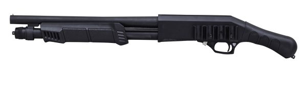 A side view of a black shotgun with a textured grip and a picatinny rail system on the top and side for accessories.