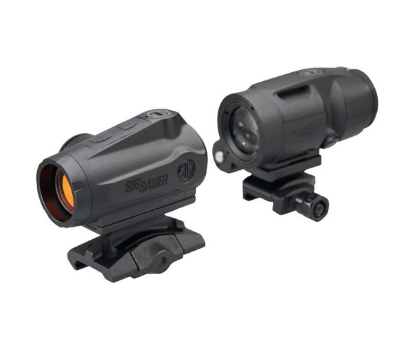 A pair of sig sauer firearm optics mounted on a base, featuring a red dot sight and a magnified sight, both in a sleek black finish.