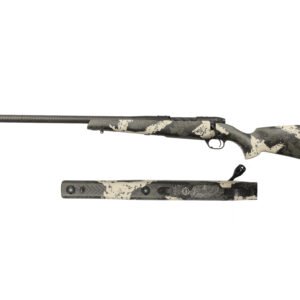 A camouflaged rifle displayed horizontally with a separate matching stock underneath.