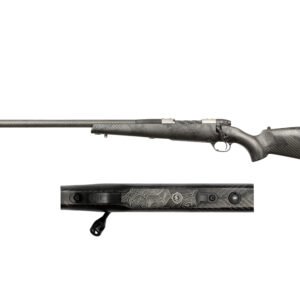 A high-quality rifle with a carbon fiber barrel and patterned grip, displayed from the side and top views.