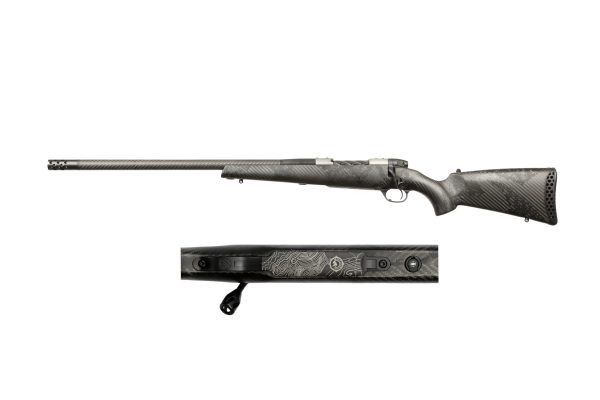 A high-quality rifle with a carbon fiber barrel and patterned grip, displayed from the side and top views.
