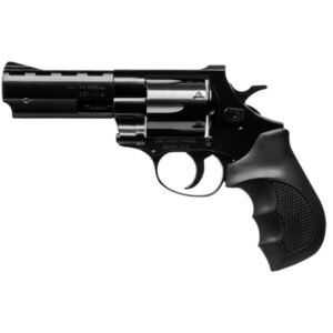 A black revolver pistol displayed from the side.