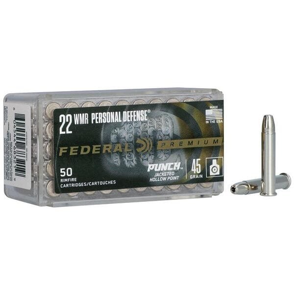 Federal punch rimfire ammunition. 22 wmr 45gr jhp 1000 fps 50/ct