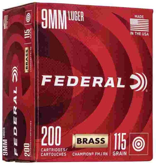 Federal champion training handgun ammuntion 9mm luger 115 gr fmj 1125 fps 200/ct