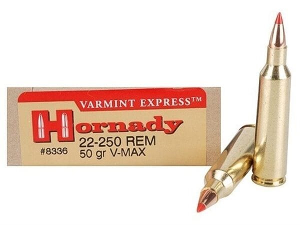 Hornady varmint express rifle  ammunition. 22-250 rem 50 gr v-max 3800 fps - 20/box