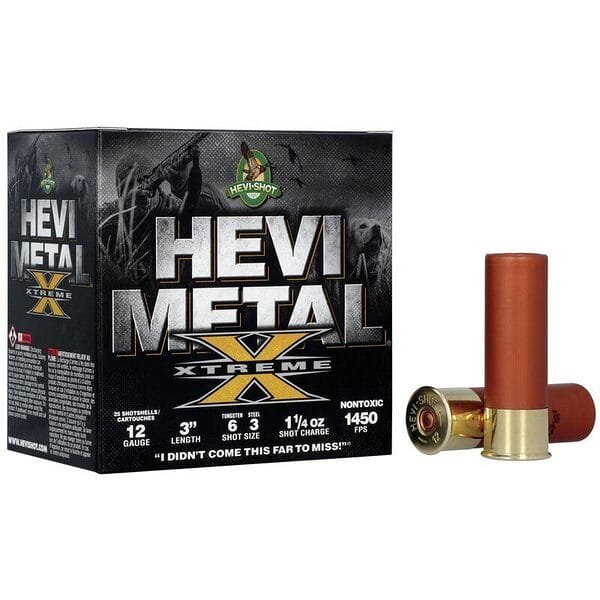 Hevi-shot hevi-metal xtreme shotshell 12ga 3" 1-1/4oz 1450 fps #3 steel & #6 tungsten 25/ct