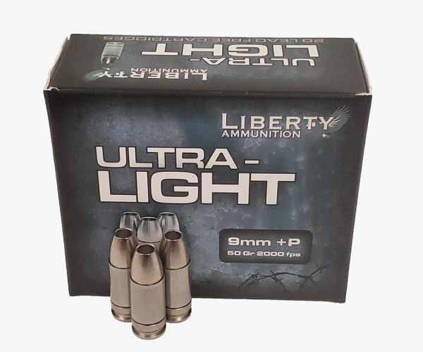 Liberty ammunition ultra-light ammunition 9mm +p 50 gr. Copper mono. Frag hp 20/ct