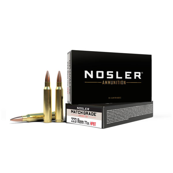 Nosler match grade rifle ammunition. 223 rem 77 gr hpbt 2600 fps 20/ct