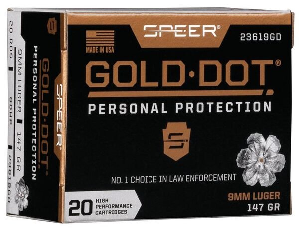 Speer gold dot handgun ammunition 9mm luger 147 gr hp 985 fps 20/ct