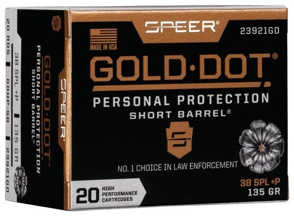 Speer gold dot short barrel handgun ammunition. 38 spl (+p) 135 gr hp 860 fps 20/ct