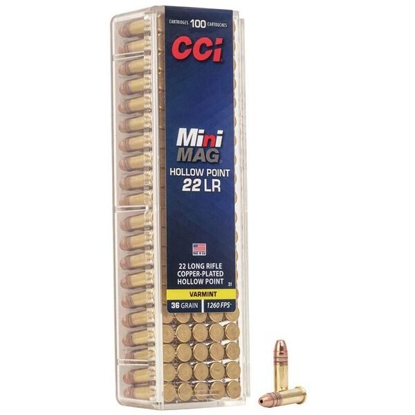 Cci mini-mag hp rimfire ammunition. 22 lr 36 gr cphp 1260 fps 100/ct