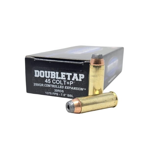 Double tap controlled expansion handgun ammunition. 45 colt(+p) 250gr sjhp 1375 fps 20/ct