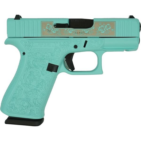 Glock 43x "glock & roses" robin's egg blue handgun 9mm luger 10rd magazines(2) 3. 4" barrel accessory rail usa made