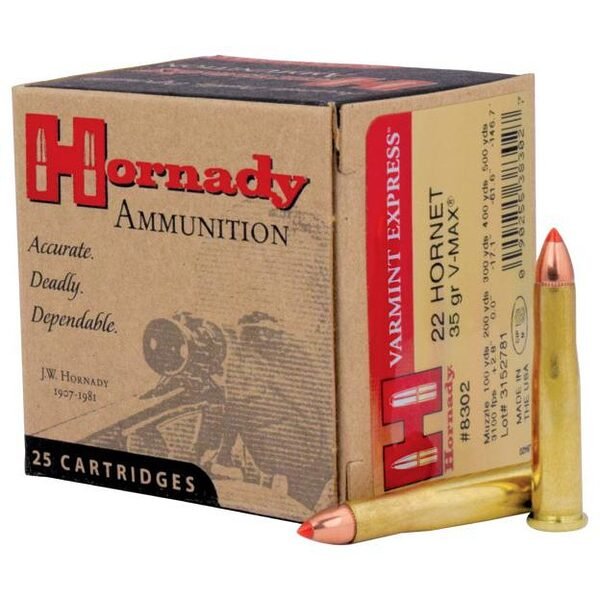 Hornady varmint express rifle ammunition. 22 hornet 35 gr v-max 3100 fps 25/ct