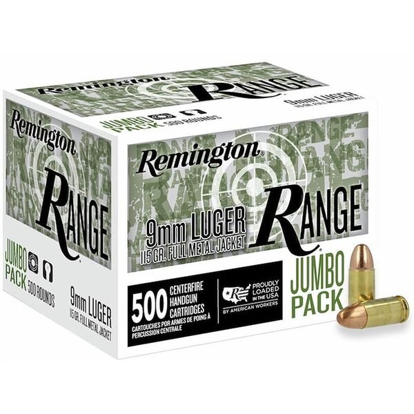 Remington range handgun ammo 9mm luger 115 gr fmj 1145 fps 500/ct