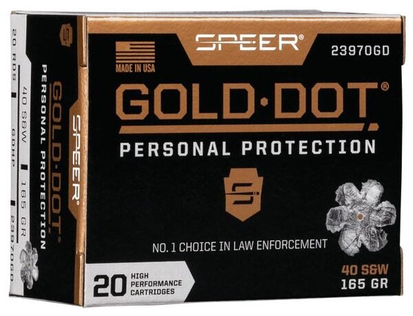 Speer gold dot handgun ammunition. 40 s&w 165 gr hp 1150 fps 20/ct