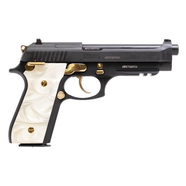 Taurus pt92 handgun 9mm luger 17rd magazines (2) 5" barrel black with pearl grips and gold accents