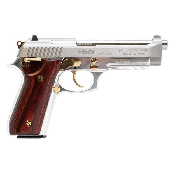 Taurus pt92 handgun 9mm luger 17rd magazine 5" barrel stainless steel with wood accent