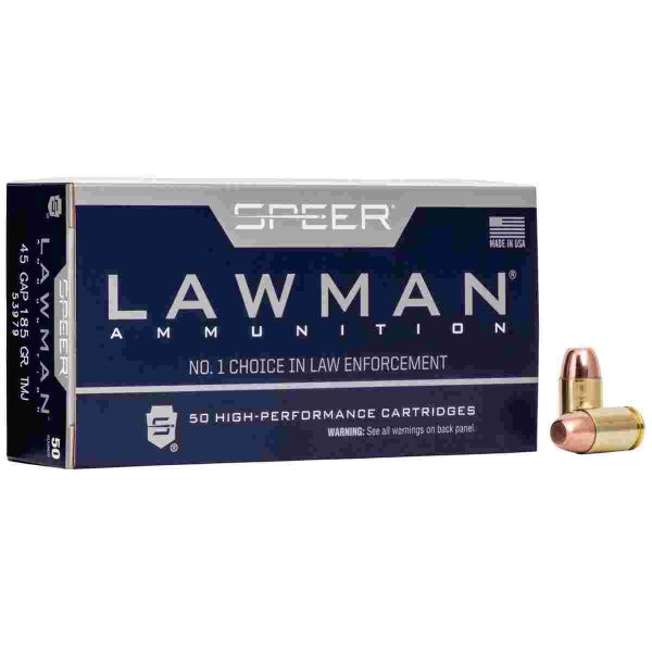 Speer lawman handgun ammunition. 45 gap 185 gr tmj 1060 fps 50/box