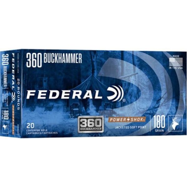 Federal power-shok rifle ammunition. 360 buckhammer 180gr jsp 2374 fps 20/ct