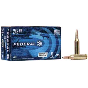 Federal american eagle varmint & predator rifle ammunition. 243 win 75 gr jhp 3375 fps 40/ct