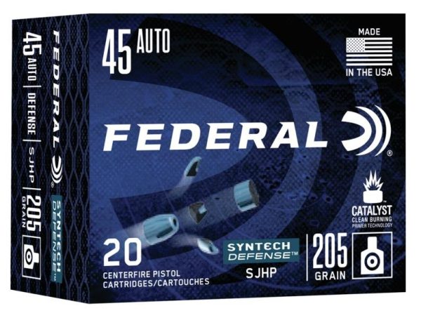 Federal syntech defense handgun ammuntion. 45 acp sjhp 830 fps 20/ct